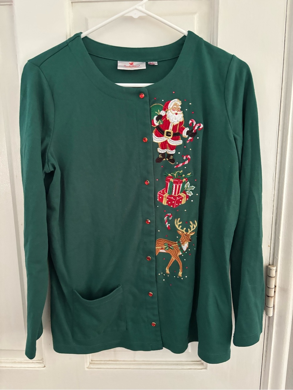 Quacker Factory Green Santa Christmas Embroidered Sequin Button Cardigan S